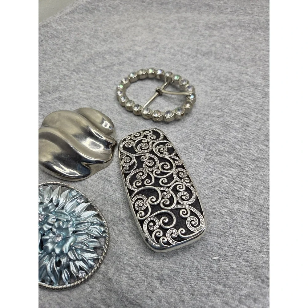 Lot of 4 Vintage Boutique Floral Leather Rhinestone Womens Belt Buckles Boho